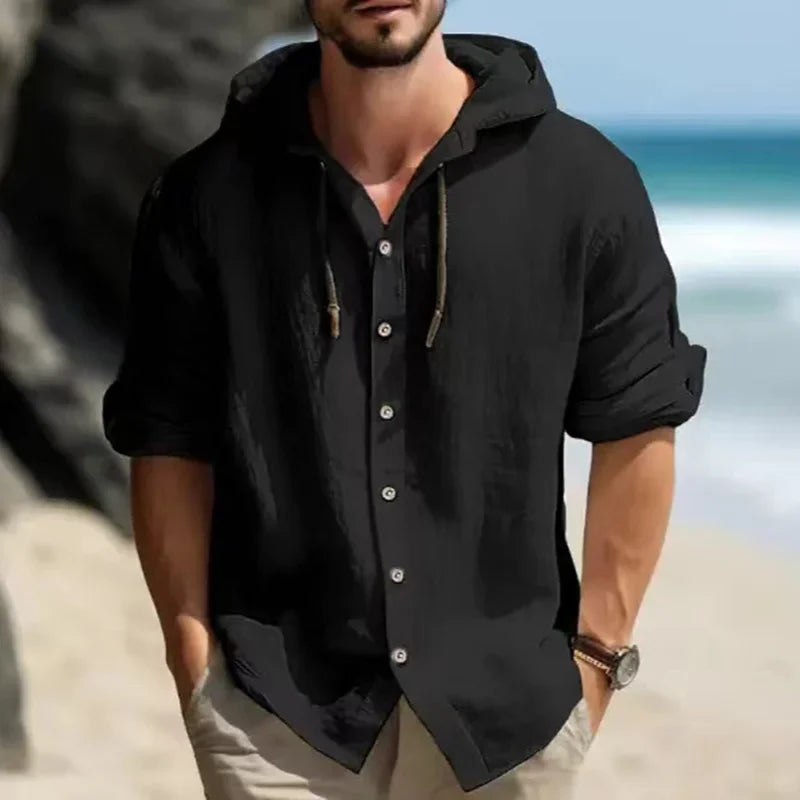 Men's Long Sleeve Linen Hoodie Shirt – Casual Loose Button-Up Top