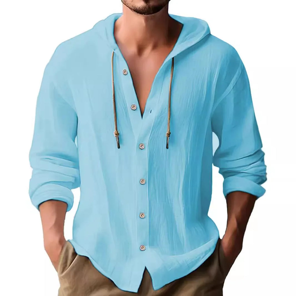 Men's Long Sleeve Linen Hoodie Shirt – Casual Loose Button-Up Top