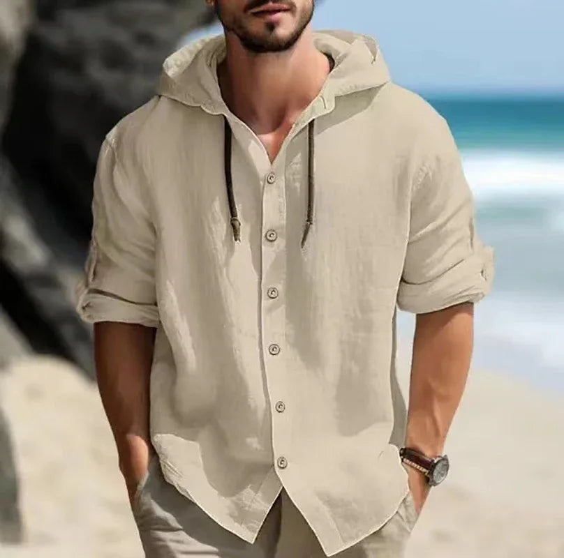 Men's Long Sleeve Linen Hoodie Shirt – Casual Loose Button-Up Top