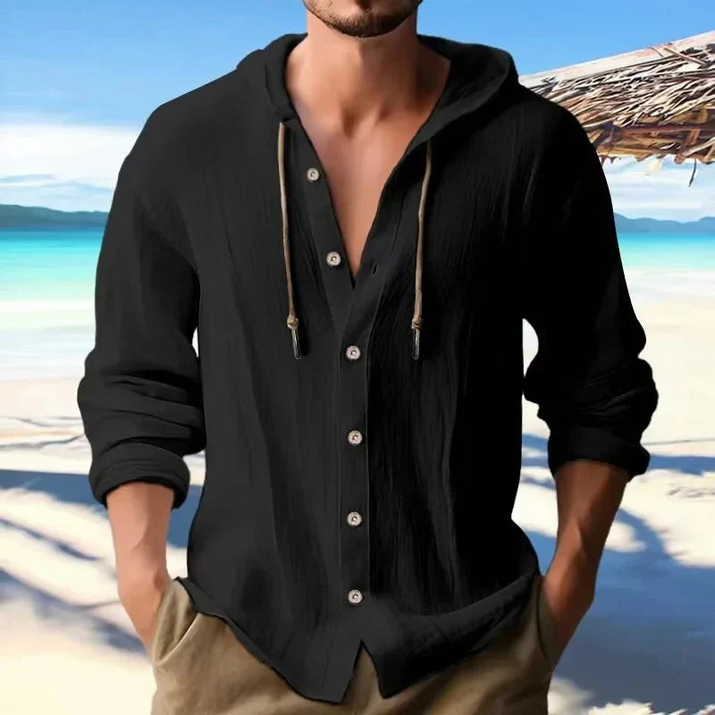 Men's Long Sleeve Linen Hoodie Shirt – Casual Loose Button-Up Top