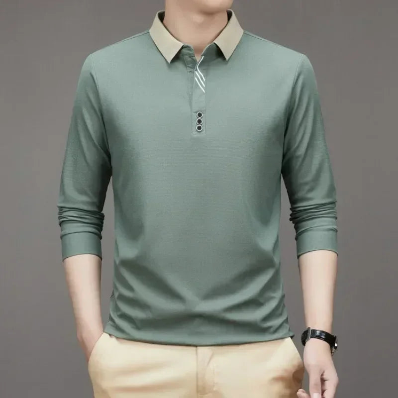 Men's Long Sleeve Polo Shirt – Casual Solid Colour Tee