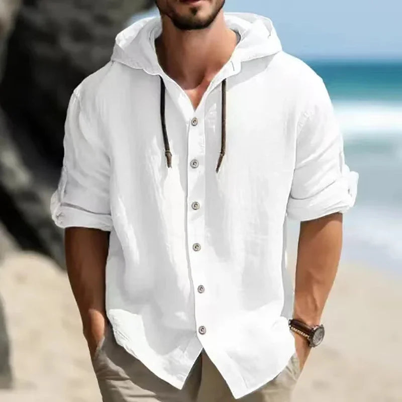 Men's Long Sleeve Linen Hoodie Shirt – Casual Loose Button-Up Top
