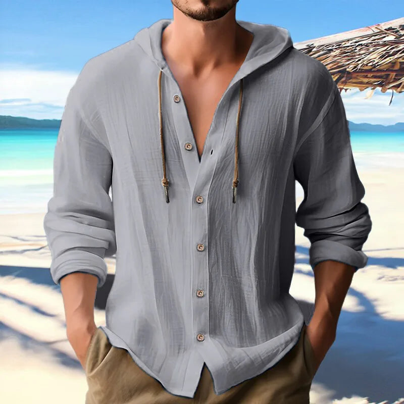 Men's Long Sleeve Linen Hoodie Shirt – Casual Loose Button-Up Top