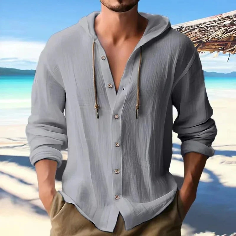 Men's Long Sleeve Linen Hoodie Shirt – Casual Loose Button-Up Top