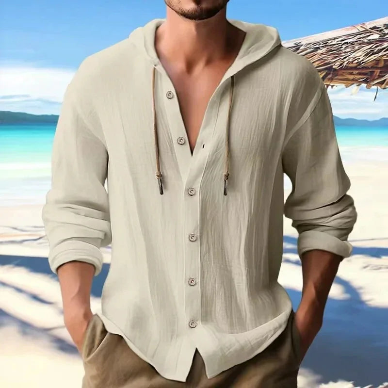 Men's Long Sleeve Linen Hoodie Shirt – Casual Loose Button-Up Top